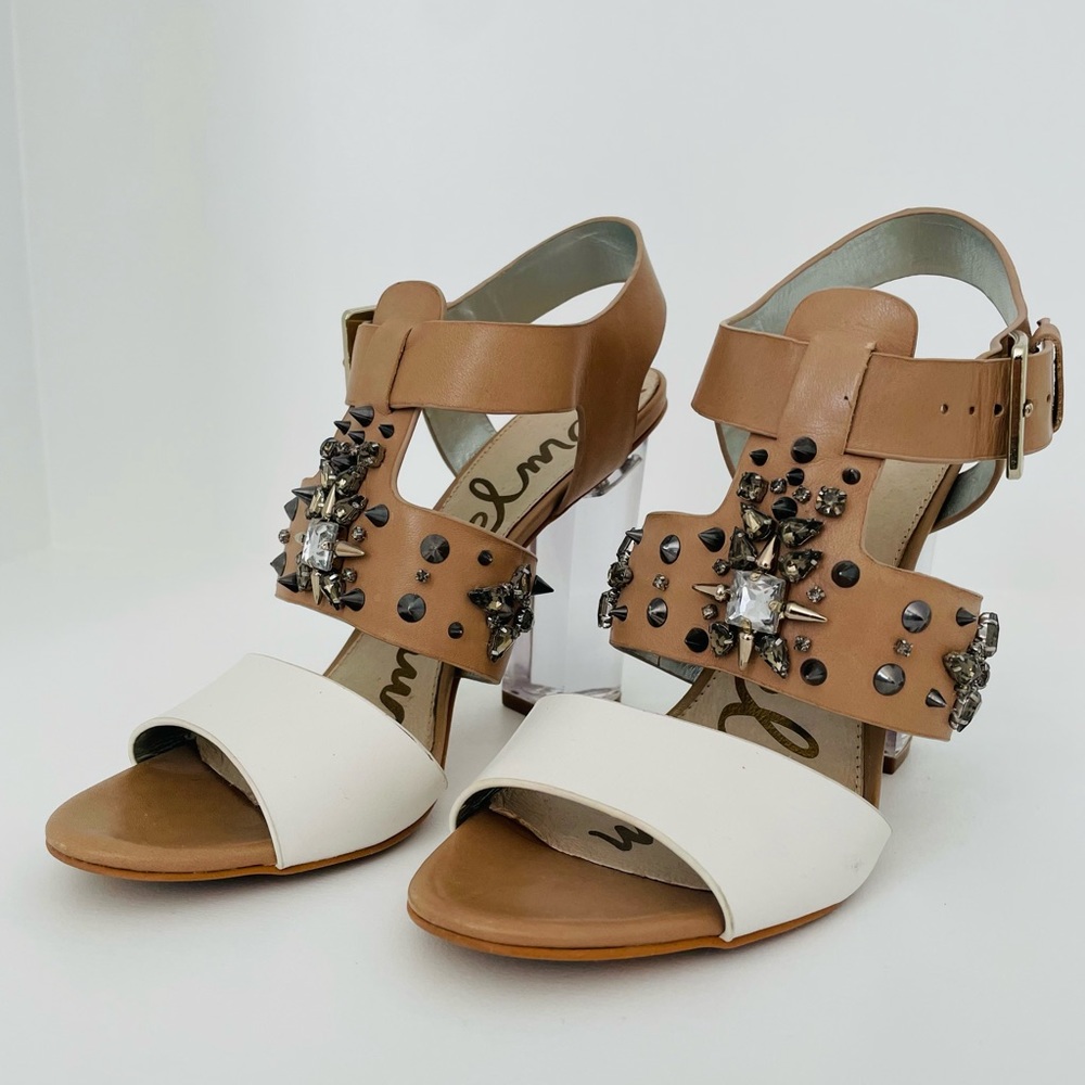 SAM EDELMAN Yara Embellished Sandal with Clear Block Heel, Size 7
